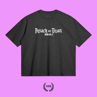 black oversized attack on titan t-shirt design - front